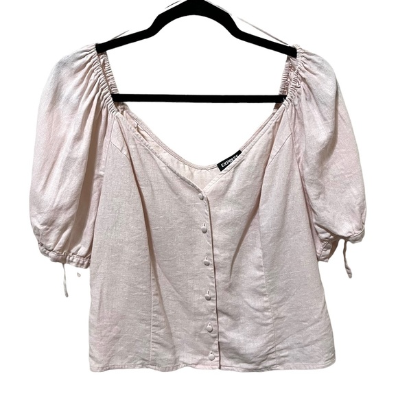Express Tops - Express Linen Blend Puff Sleeve Blouse Top in Pale Pink Women’s Size XL